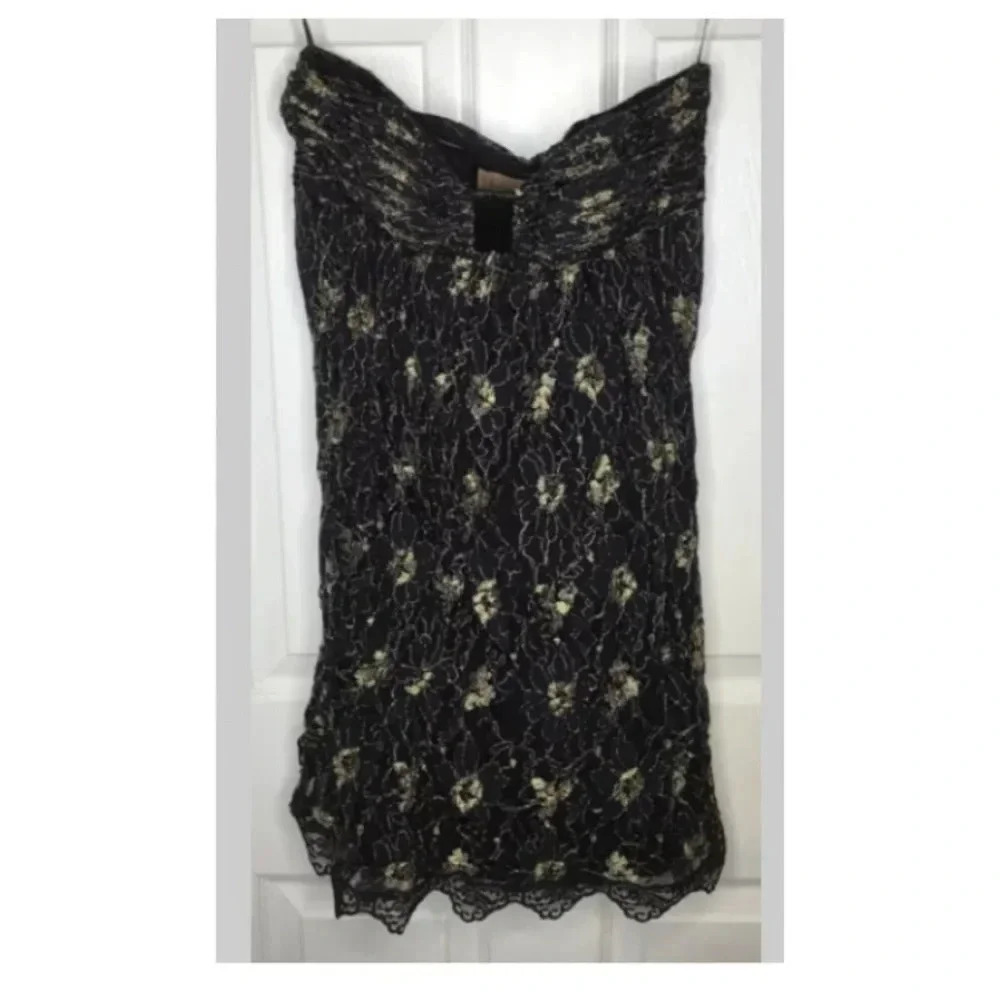 Woman LOTUS GRACE Black Gold Strapless Floral Metallic Lace Dress Sz Small? EUC